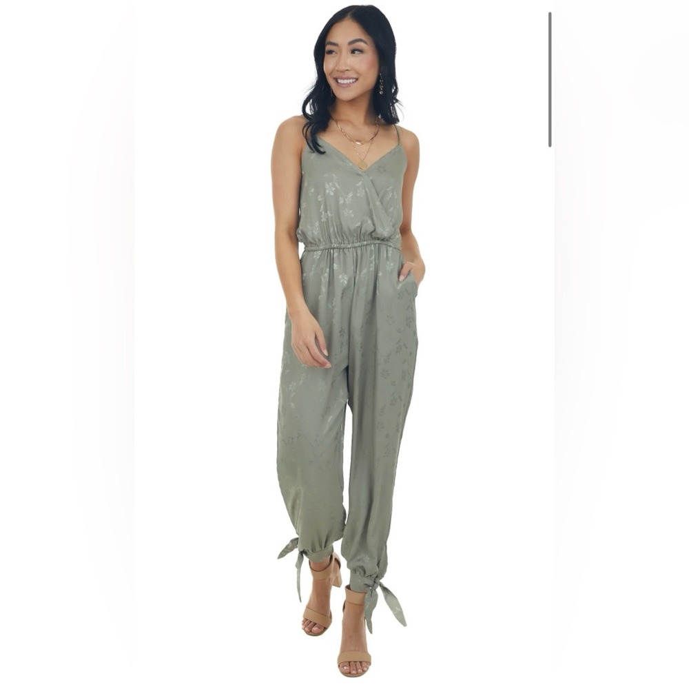 Olive Floral Textured Silky Surplice Jumpsuit, NWT.